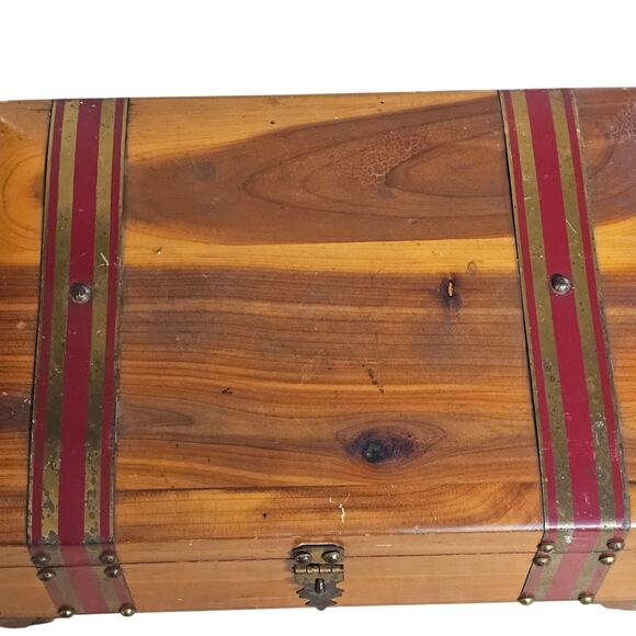 Antique Wood Cedar Jewelry Trinket Chest Box Dove Tail Brass Straps Mirror - Picture 3 of 16